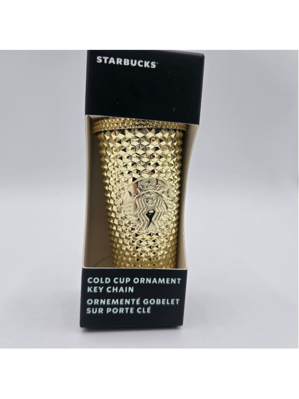 Starbucks 2022 Gold Metallic Studded Cold Cup Ornament Keychain NEW
